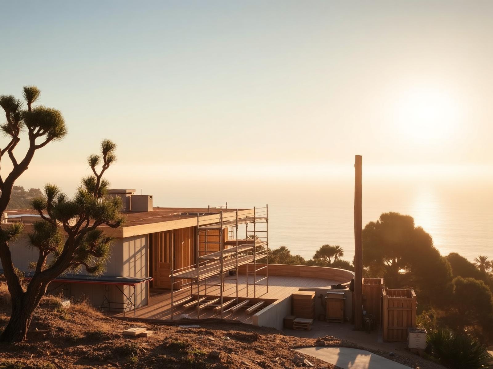 A Pacific Palisades home mid-rebuild at golden hour
